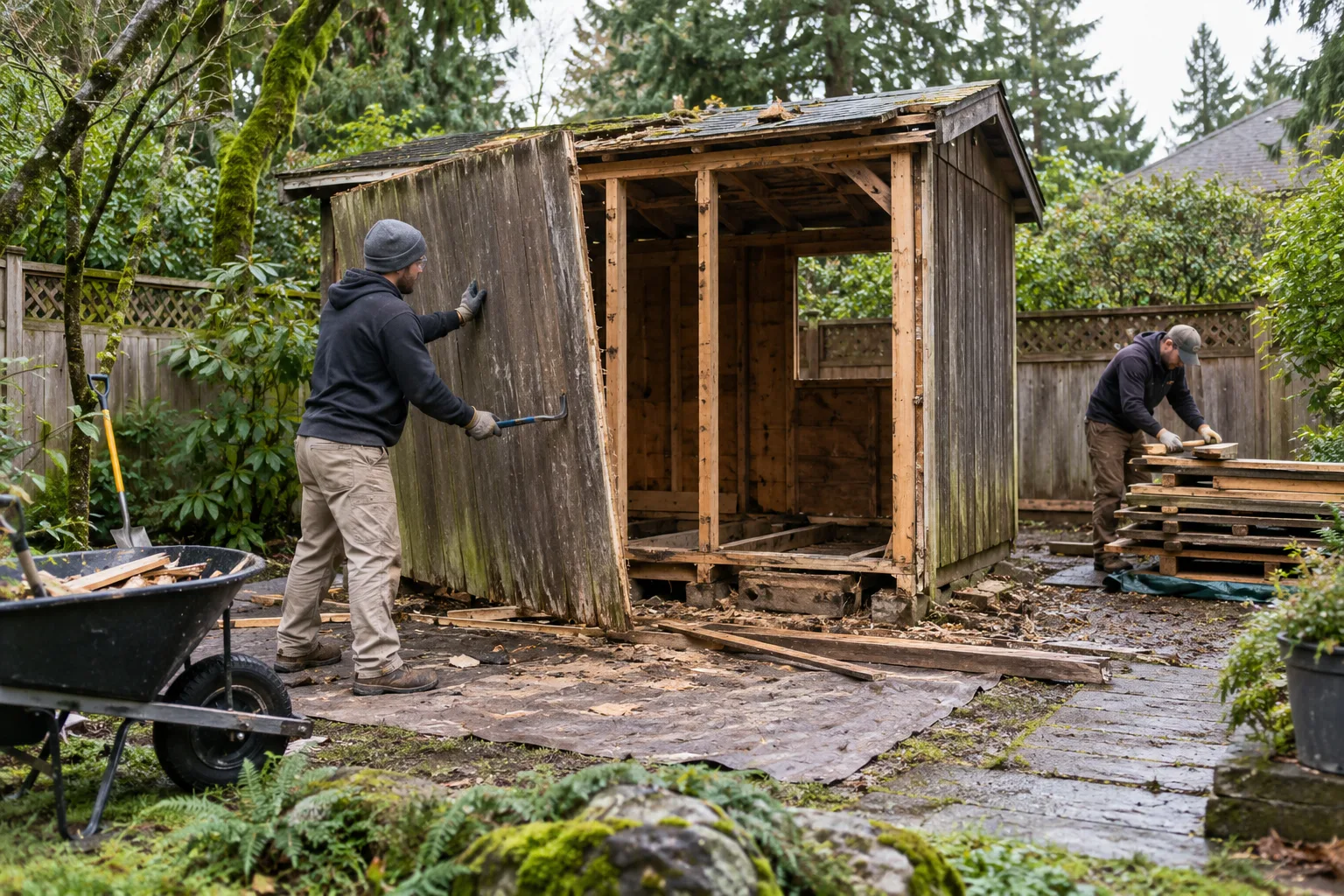 Shed removal work in a Pacific Northwest backyard